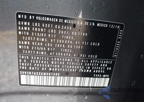 2019 Volkswagen Tiguan 2.0T Se/2.0T Sel/2.0T Sel R-Line/2.0T Sel R-Line Black from USA, damaged, VIN 3VV2B7AXXKM067486